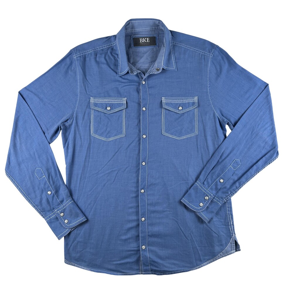 BKE Shirt Mens Large Herringbone Long Sleeve Snap Pockets Athletic Fit Western